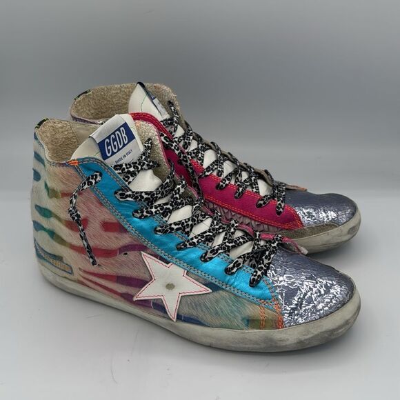 Golden Goose Pink Tye Die Ponyhair High Top Sneakers EU 41/ US 11 Pride - Picture 2 of 13